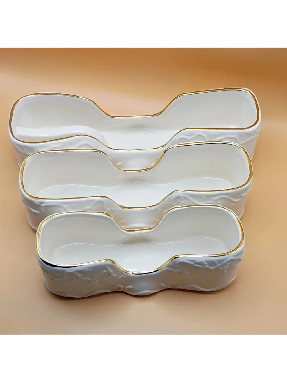 VTG White Porcelain Gold-Trim Buffet Caddies/Silverware Tray- Set of 3